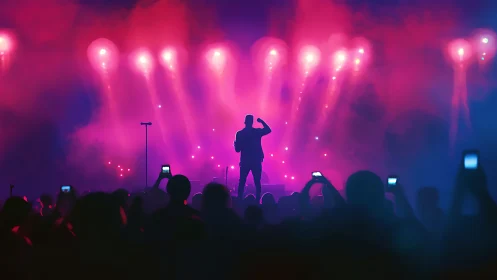 Silhouetted vocalist on stage under pink and blue lights.