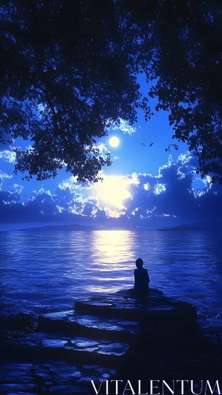 Silhouette figure observes bright moon over reflective water