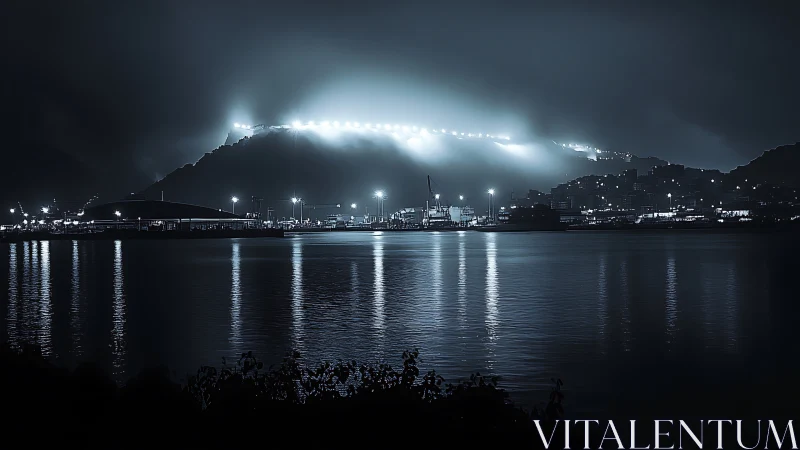 Fog-diffused harbor lights reflecting on nocturnal coastal water