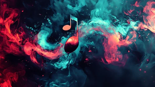 Chromatic music note suspended in turbulent neon smoke plumes