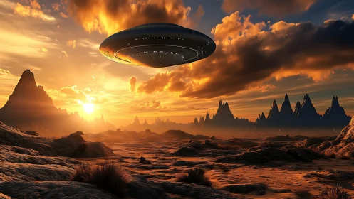 UFO hovers above alien desert during blazing orange sunset