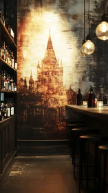 Warm bar interior with cathedral mural and bottle display.
