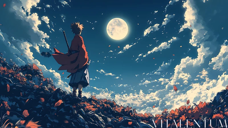 Samurai figure on rocky hillside under bright full moon.