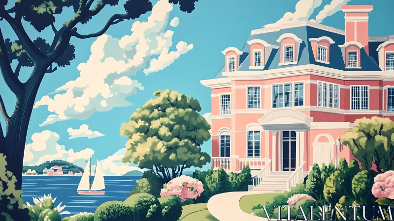 Elegant pink waterfront mansion under bright blue sky.