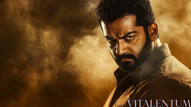 Bearded man in brown shirt against dense golden smoke backdrop.