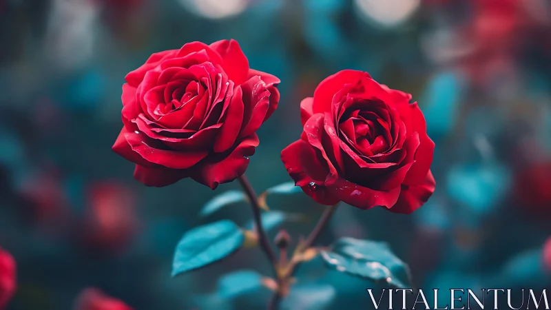 Twin Crimson Roses with Teal Bokeh Background: Optical Depth Analysis.