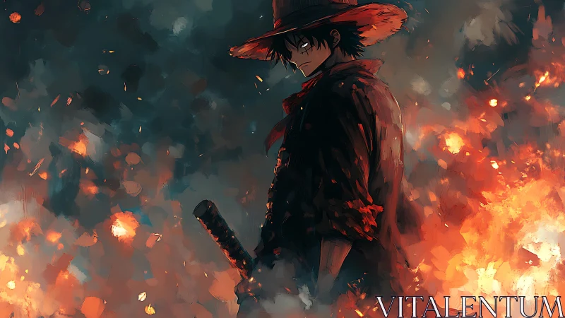 Solitary swordsman stands amid abstract inferno brushwork