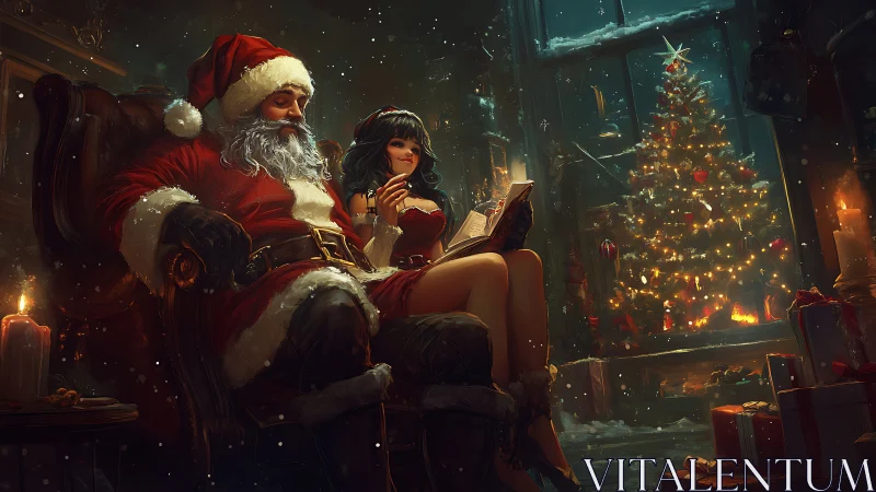 Santa and woman sit by Christmas tree in warmly lit room
