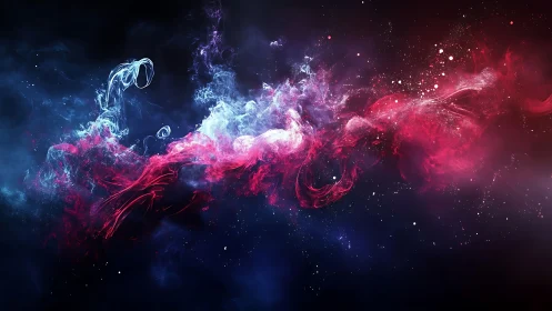 Colored gaseous filaments extend across a dark digital field