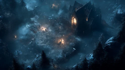 Isometric gothic chapel siege rendered in cinematic digital painting