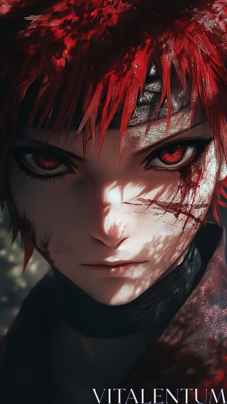 Close portrait shows red-haired character with marked face