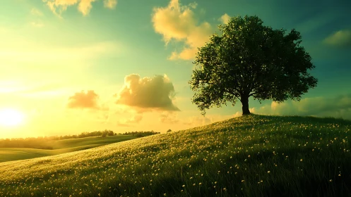 Lone tree on sunlit hill under bright green sky at dusk.