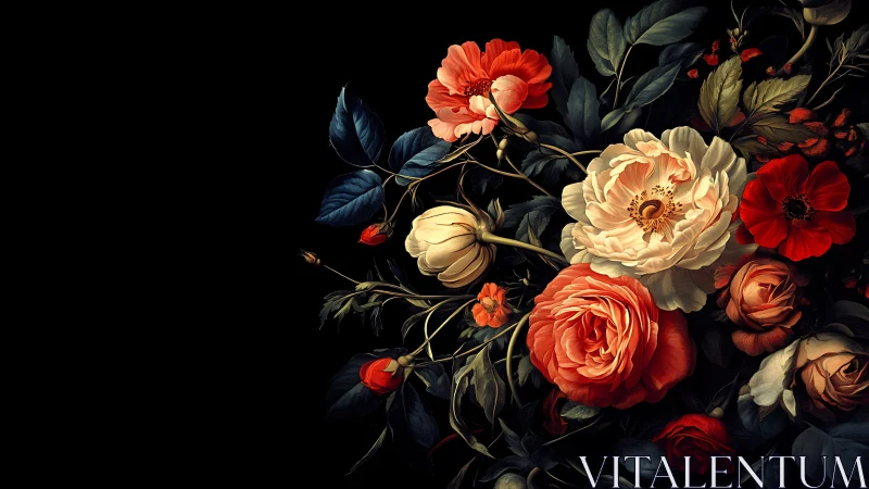 Baroque Floral Study: Roses and Peonies Against Black.