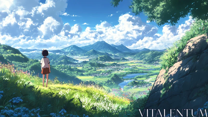 Wide-angle anime valley panorama with atmospheric depth and bloom