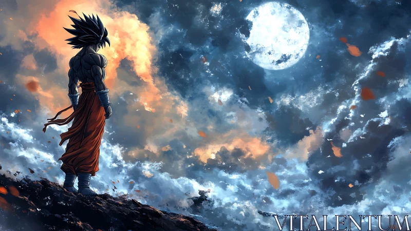 Silhouetted muscular figure on ridge under full moon sky.