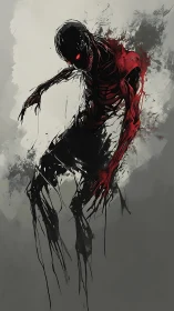 Shadowed red demon emerges in torn, abstract darkness.