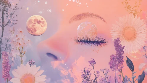 Dreamlike female face merges with moonlit floral sky.