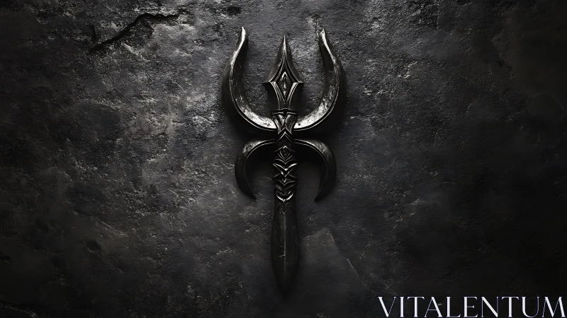 Dark trident emblem rests on rugged stone surface