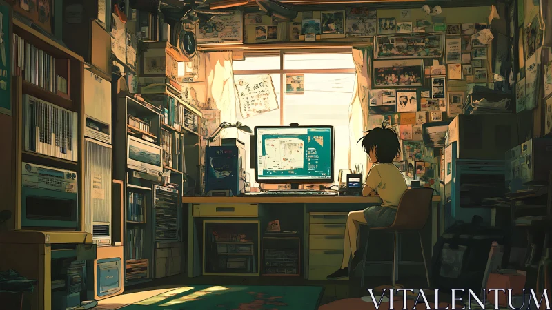 Child at computer desk in cluttered, sunlit study room.