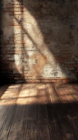 Directional sunlight across aged brick wall and timber floor.
