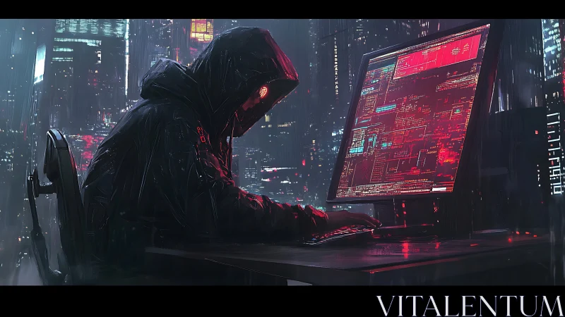 Hooded hacker operates glowing terminal in neon city night