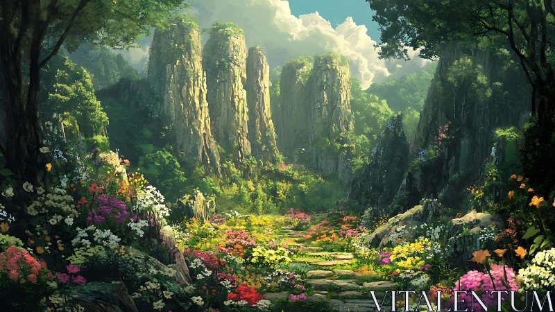 Lush mountain valley path passes through dense wildflower meadow