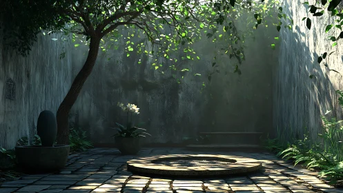 Sunlit courtyard garden frames a tranquil stone circle.