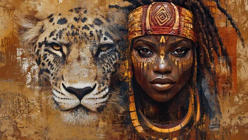 Wild soul, painted gaze: woman and leopard in harmony.