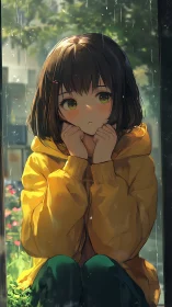 Anime window portrait in soft rainlit environmental framing.