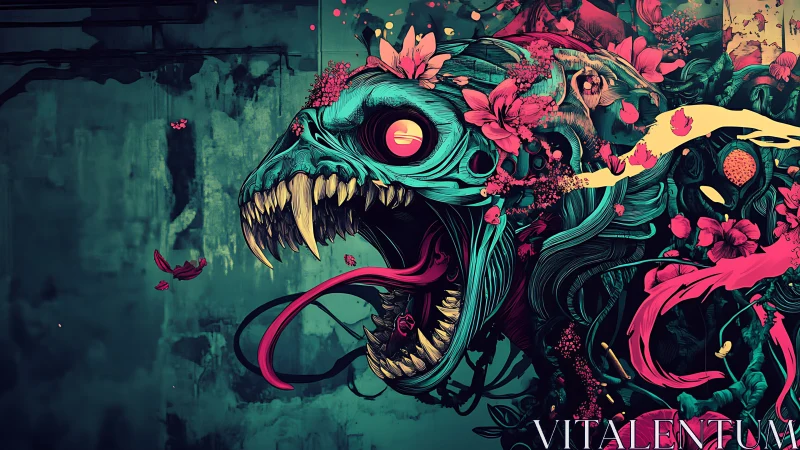 Floral serpent skull erupting in neon surreal chaos.
