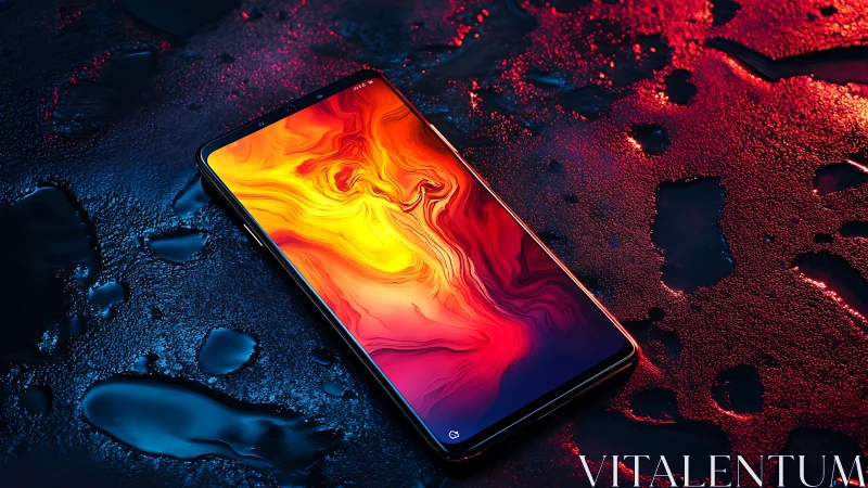 Luminous smartphone adrift on neon-soaked liquid nightscape.