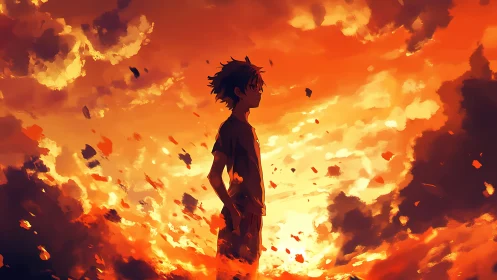 Silhouetted boy in fiery sunset sky with drifting embers.