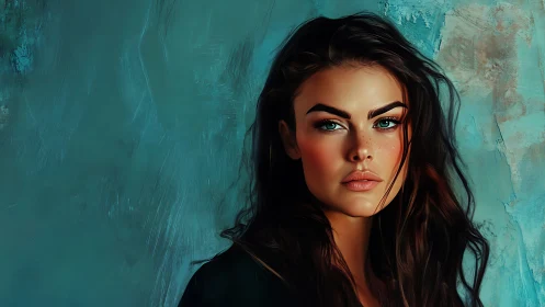 Teal backdrop portrait with high-contrast digital realism study.