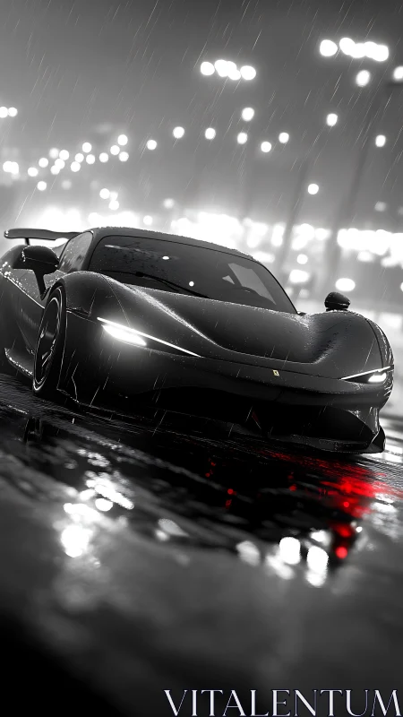 Midnight supercar cuts wet city street in monochrome rain