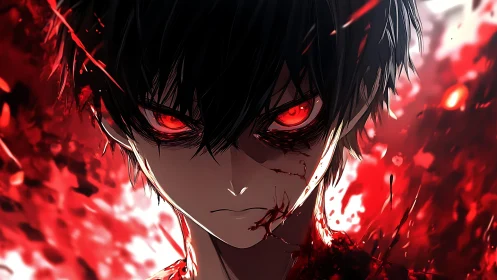 Blood-soaked anime antihero with glowing red demon eyes stares forward