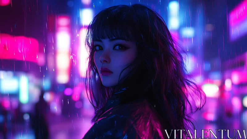 Neon drenched portrait of lone girl in rain soaked city night.