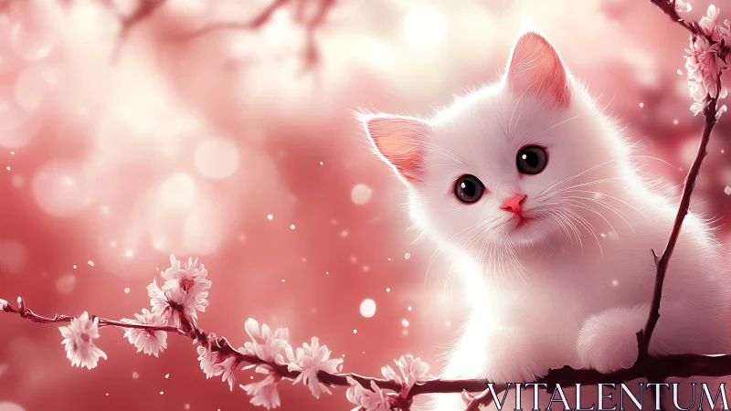 White kitten among cherry blossoms in soft pink haze.