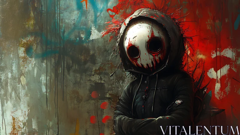 Moody masked figure stands bold before wild urban graffiti
