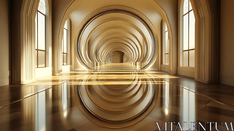 Parametric golden arcade with mirrored floor reflection symmetry