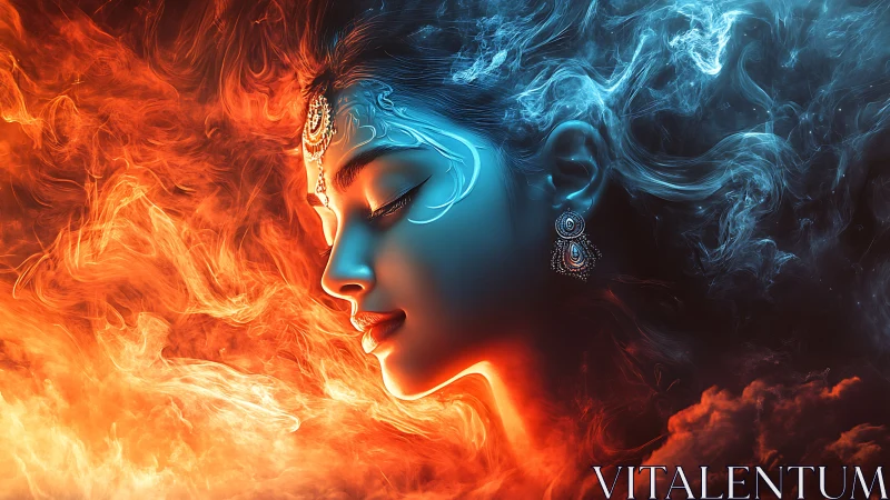 Serene elemental goddess rests between swirling fire and ice