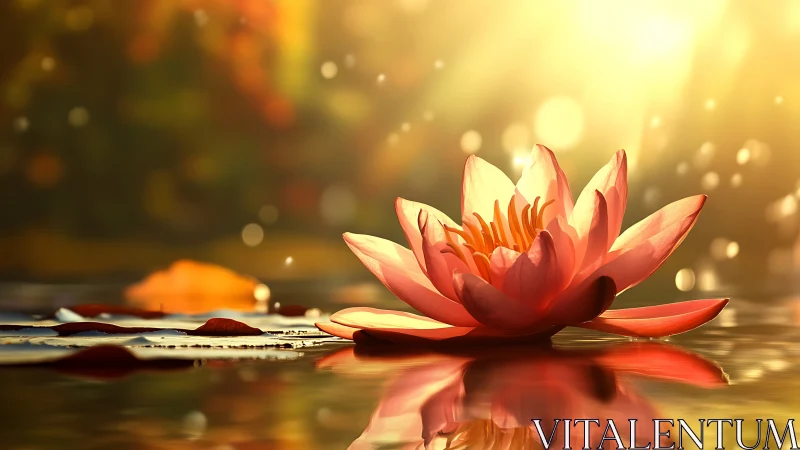 Sunlit lotus flower drifting on golden reflective water.