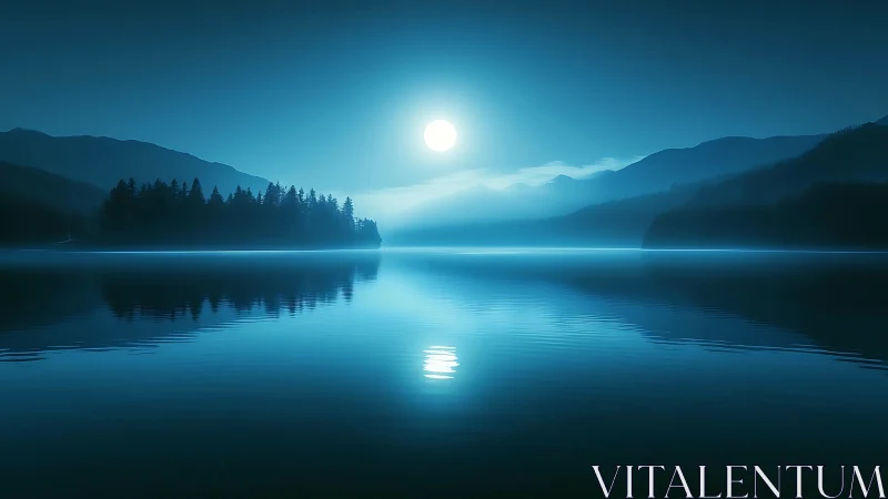 Moonlit lake drifts into calm silence beneath soft blue haze