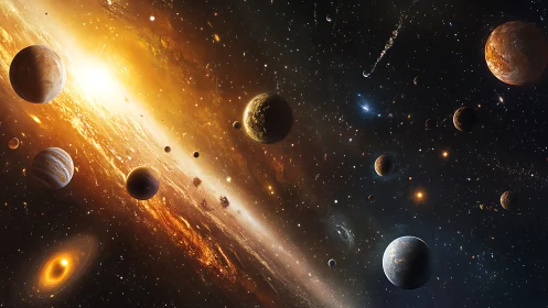 Golden cosmic skyline with wandering planets and stars.