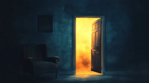 Door of molten light ignites a quiet midnight parlor.