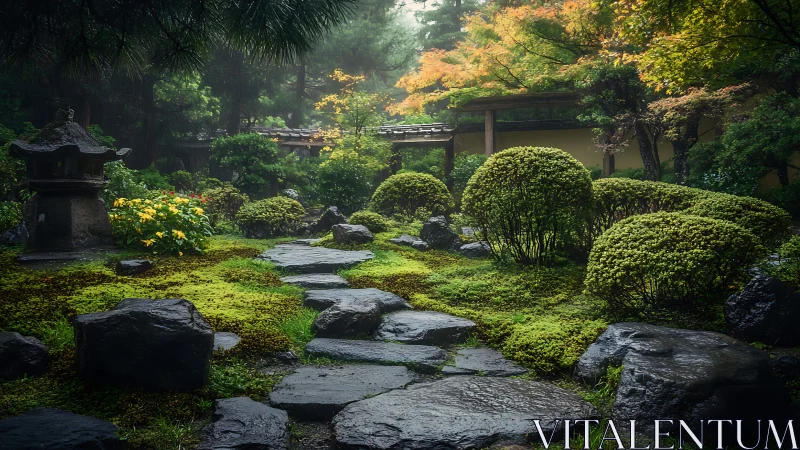 Stone path traverses meticulously pruned, rain-wet Japanese garden
