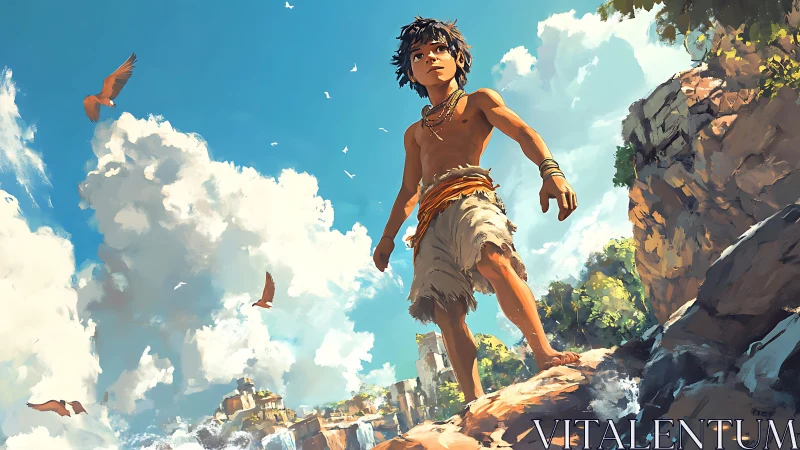 Clifftop youth surveying coastal skybound ecosystem panorama.