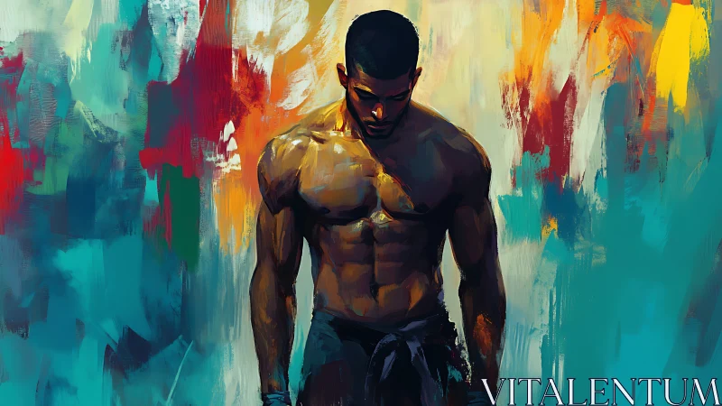 Kinetic portrait of muscular male figure amid abstract chroma field.