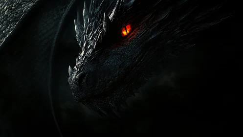 Close-up three-quarter profile of dark dragon with glowing eye