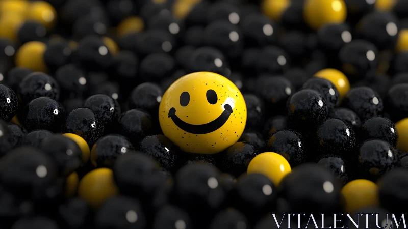 Smiling yellow sphere stands out among glossy black balls, digital art.
