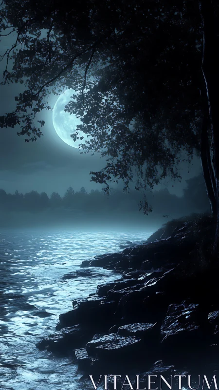 Nocturnal lakeshore under full moon with cinematic contrast.